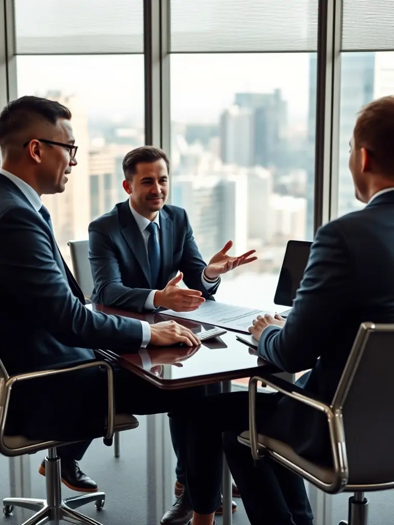 A confident financial advisor discussing wealth plans with a client in a modern office setting, emphasizing wealth management.