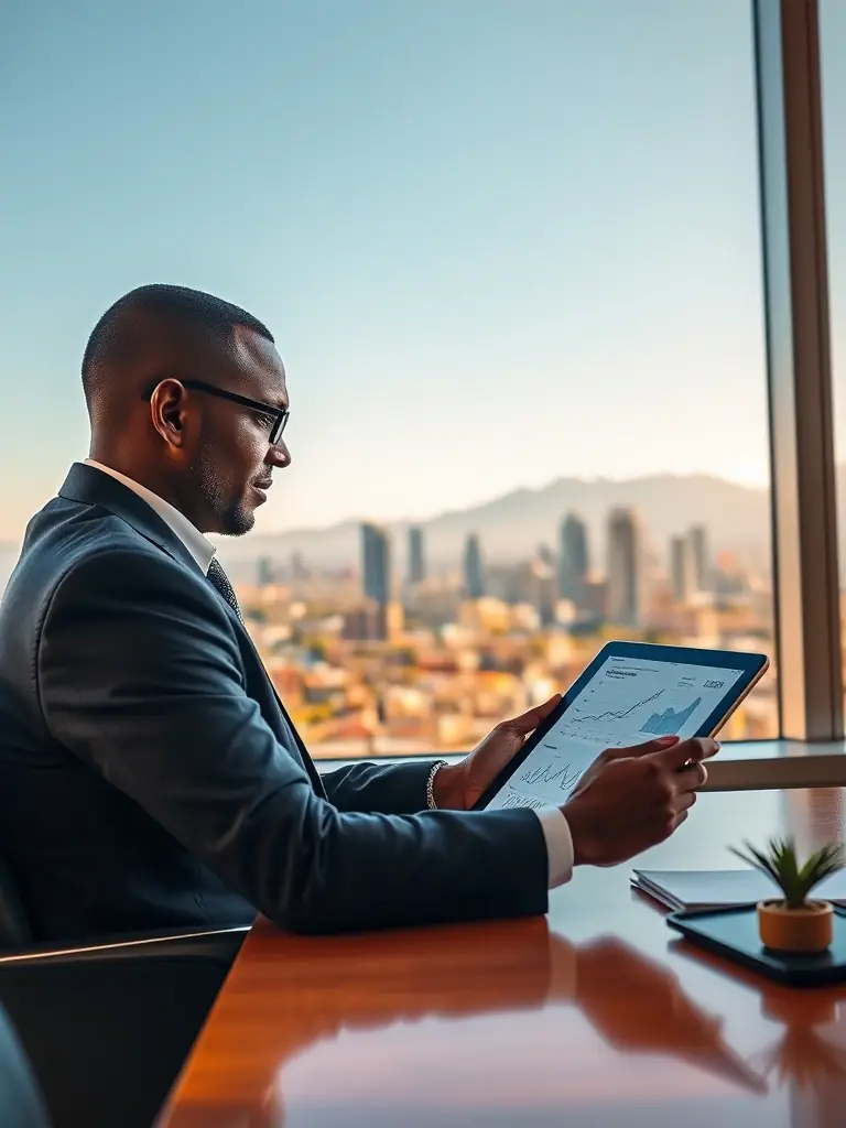 A professional financial advisor analyzing market data on a digital tablet with Johannesburg cityscape in the background, showcasing investment strategies.