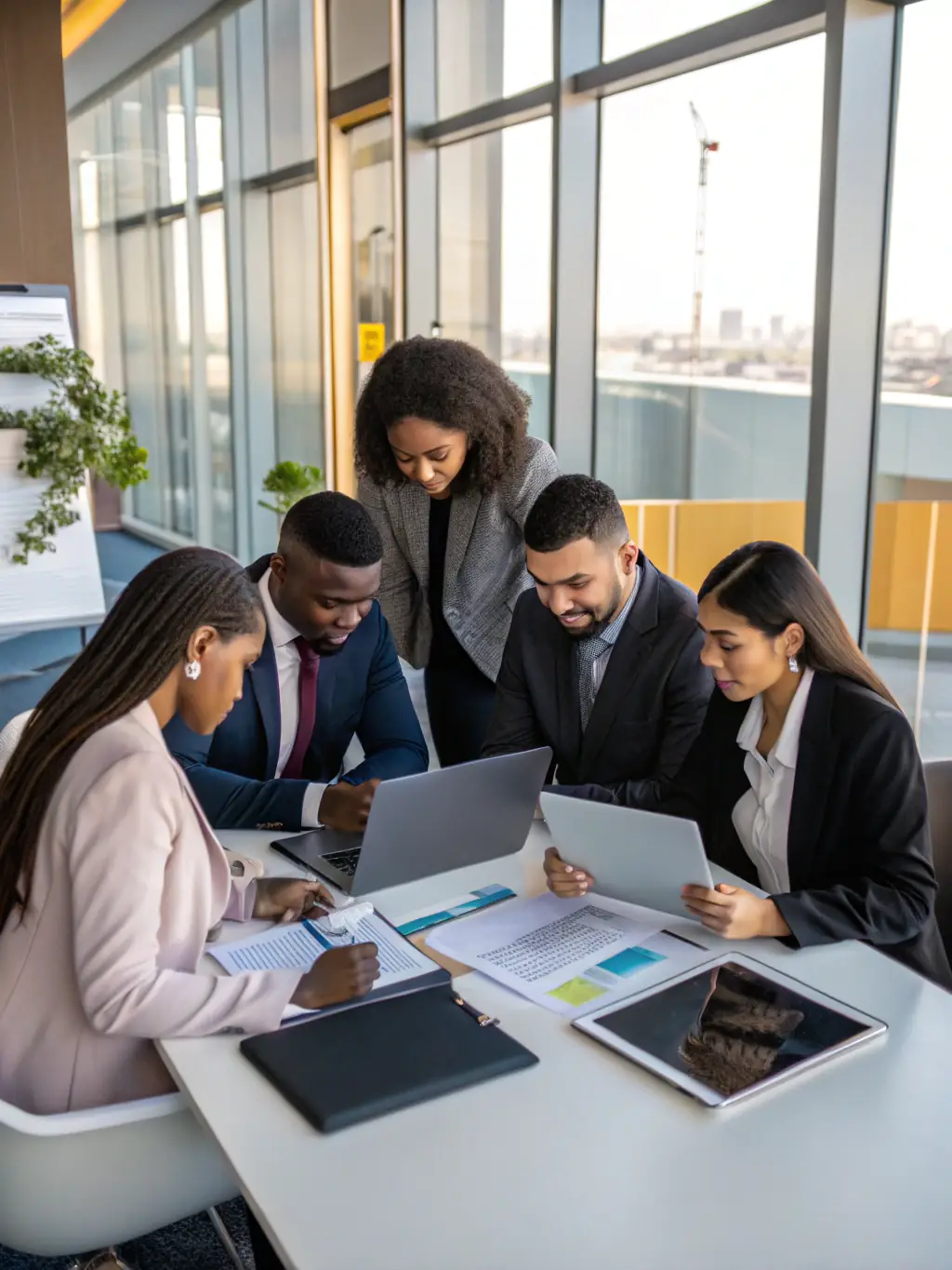 A diverse group of South African professionals collaborating on financial planning in a modern office, highlighting financial planning.