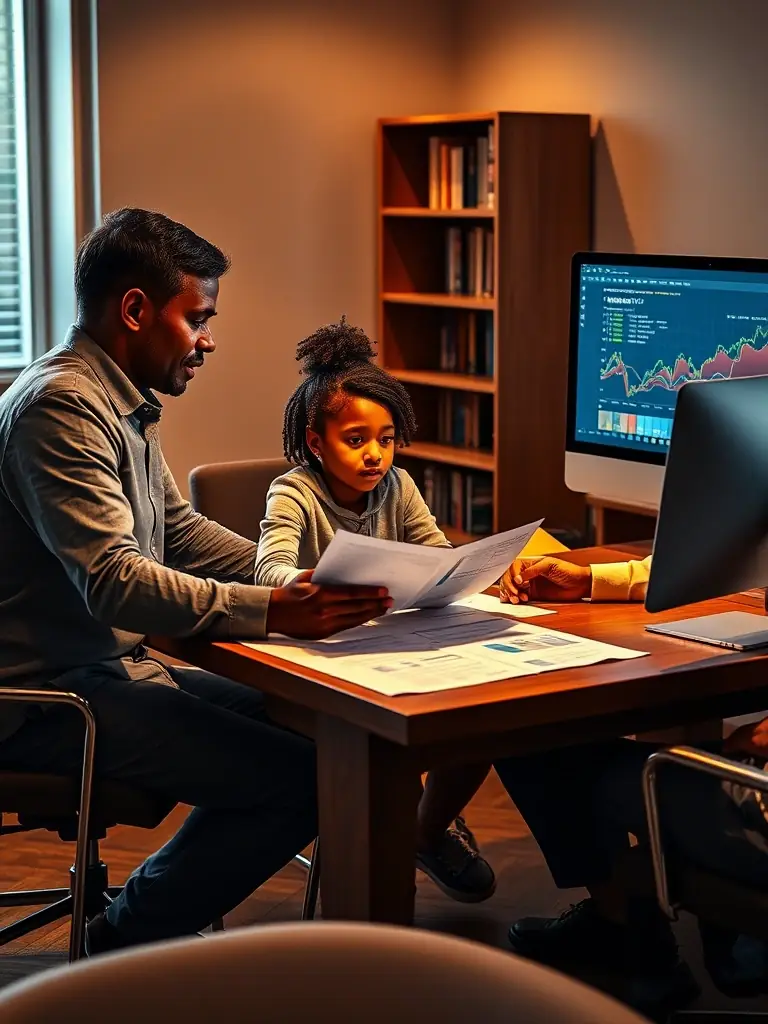 A South African family discussing their financial goals with a consultant in a comfortable setting, emphasizing retirement planning.
