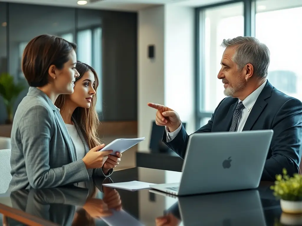 A South African financial consultant in a modern office, reviewing investment portfolios with a client, showcasing a graph with upward trending financial growth.